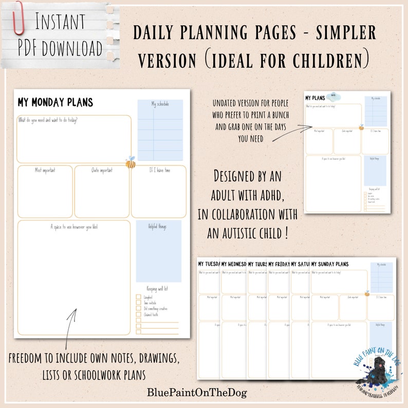 Op de afbeelding: Printbare dagelijkse planningpagina's ontworpen voor kinderen. De pagina's hebben een eenvoudige lay-out met secties voor "Mijn maandagplannen", "Mijn dinsdagplannen", "Mijn woensdagplannen", "Mijn donderdagplannen", "Mijn vrijdagplannen", "Mijn zaterdagplannen" en "Mijn zondagplannen". Elke pagina bevat ruimte om te schrijven, te tekenen en notities toe te voegen.