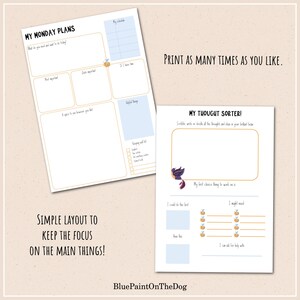 May include: Printable planner pages with a bee and flower design. The pages are titled "My Monday Plans" and "My Thought Sorter!" and include sections for scheduling, brainstorming, and prioritizing tasks.