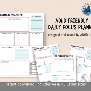 May include: Printable daily planner pages designed for people with ADHD. The pages feature sections for "Empty your head here", "Highest Priority", "Fairly Important", "If I have time", "People to Contact", "Meals", "Squirrel List", "Set Reminders", and "My Thought Sorter". The planner is available in A4 and US Letter sizes.