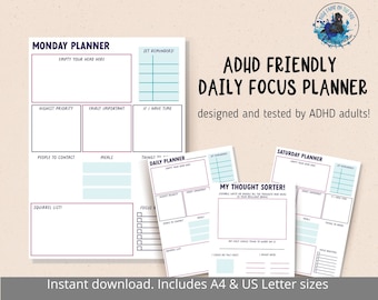 Planejador de TDAH para adultos, plano diário minimalista, lista de verificação de tarefas, planejador de refeições, planejador de tarefas prioritárias, ferramentas de foco Diário em PDF, A4, carta dos EUA