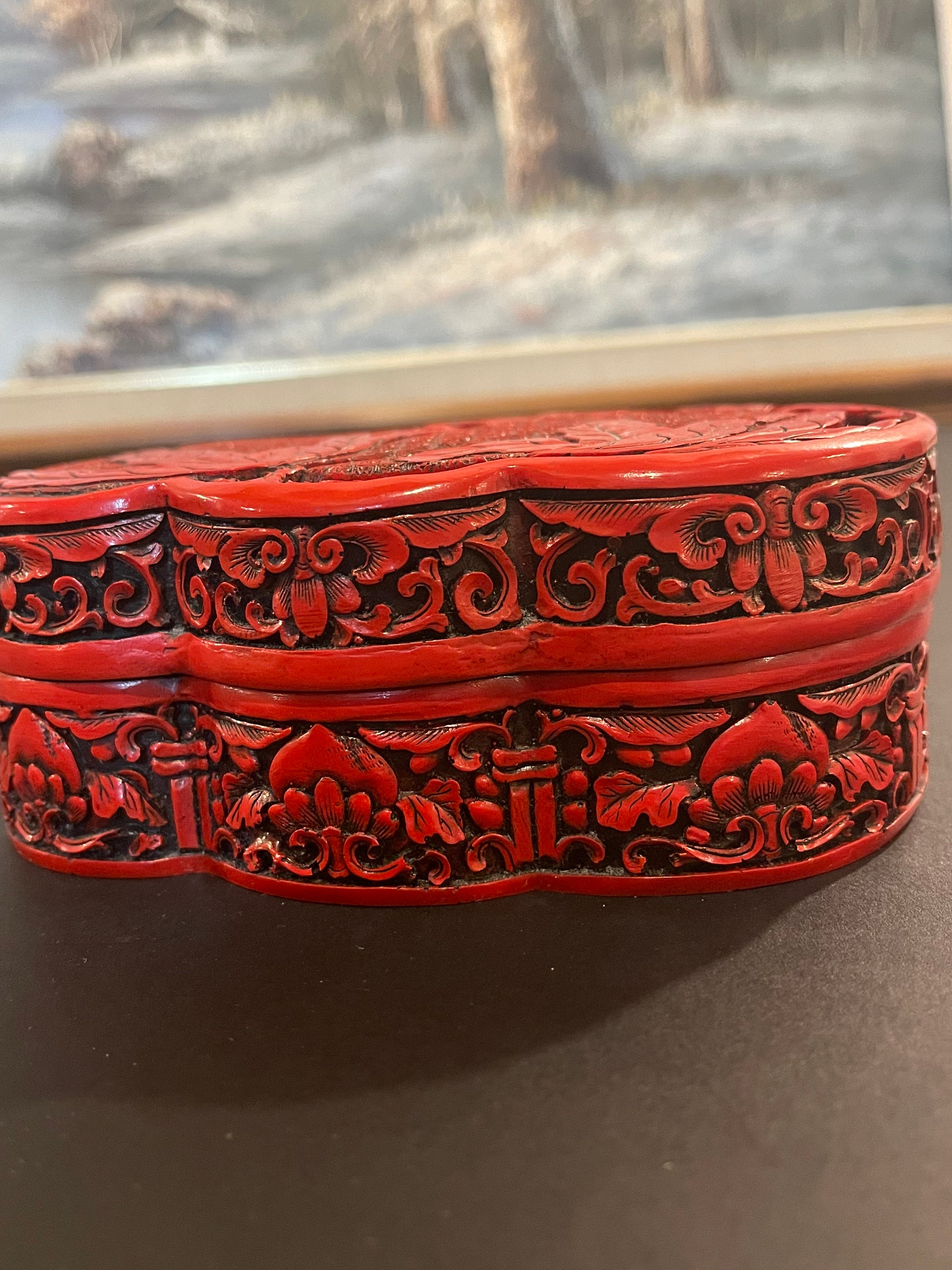 Vintage Chinese Cinnabar Lacquer Jewelry Box, Hand Carved Floral