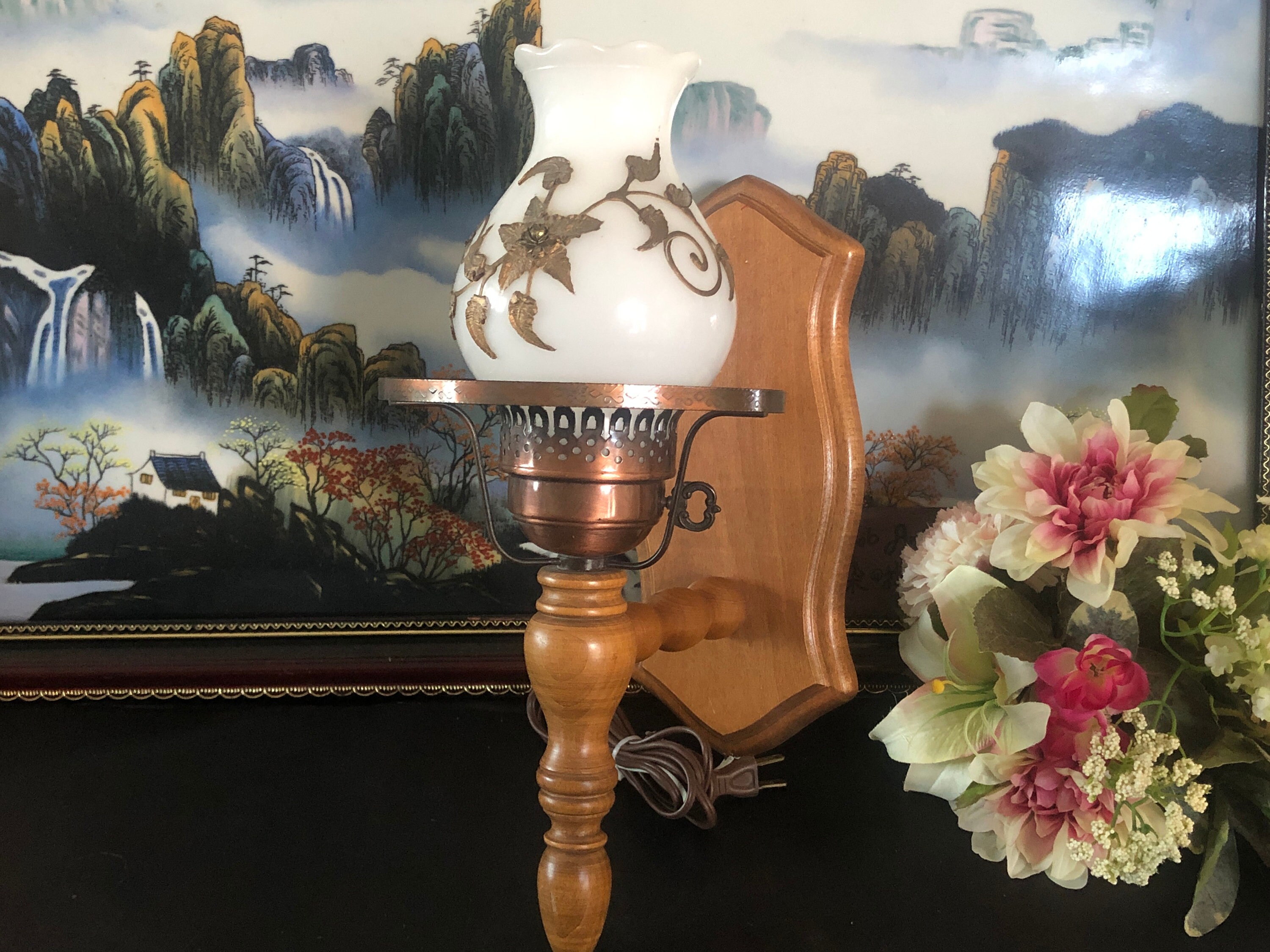 Vintage Milk Glass Wall Light Brass Floral Milkglss Lamp Mid | Etsy