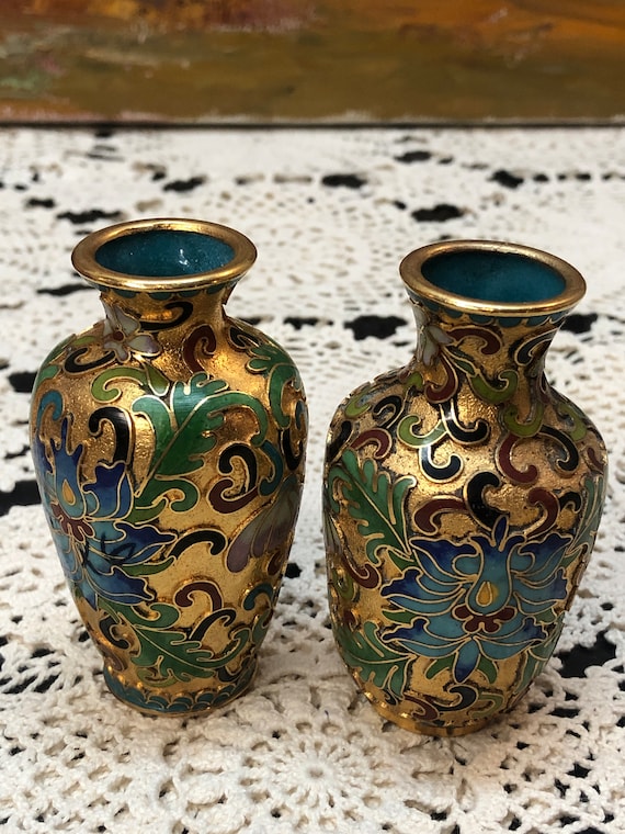 Miniature Vintage Chinese Cloisonne Vases, Brass Floral Set of 5
