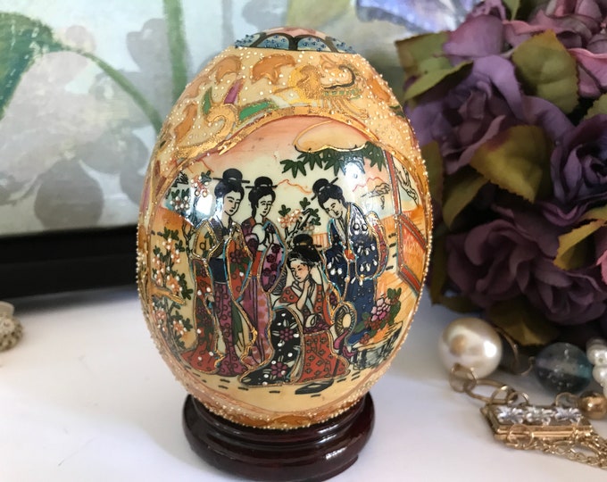 Chinese Vintage Satsuma Egg on Base, Hand Painted, Ceramic Art Egg