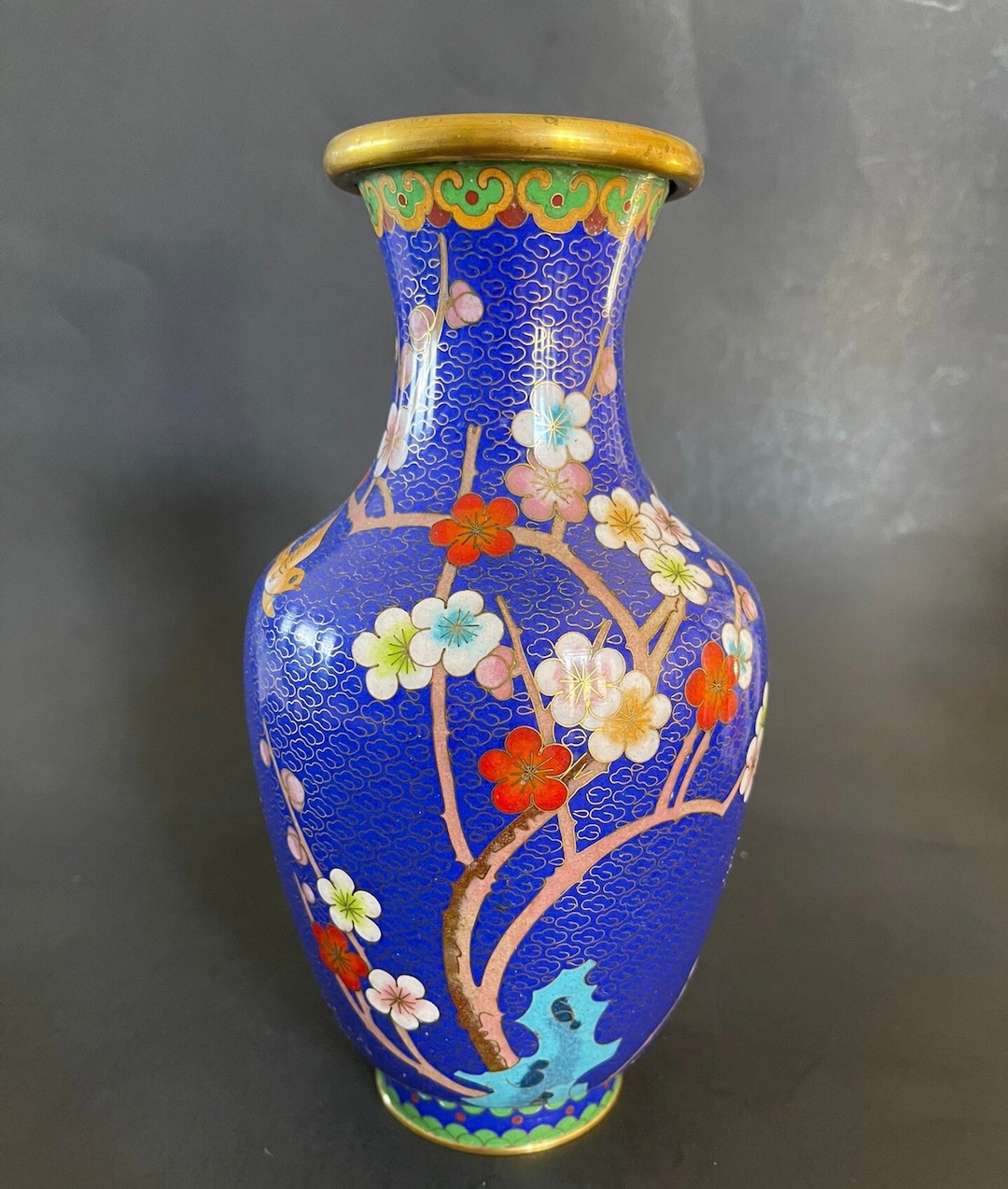 Chinese Vintage Cloisonne Vase, Antique Brass Flower Vase, Blue