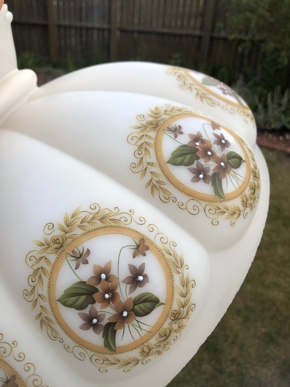 Vintage Milk Glass Lamp, Large Floral Milkglss Lamp, Wood Base Mid