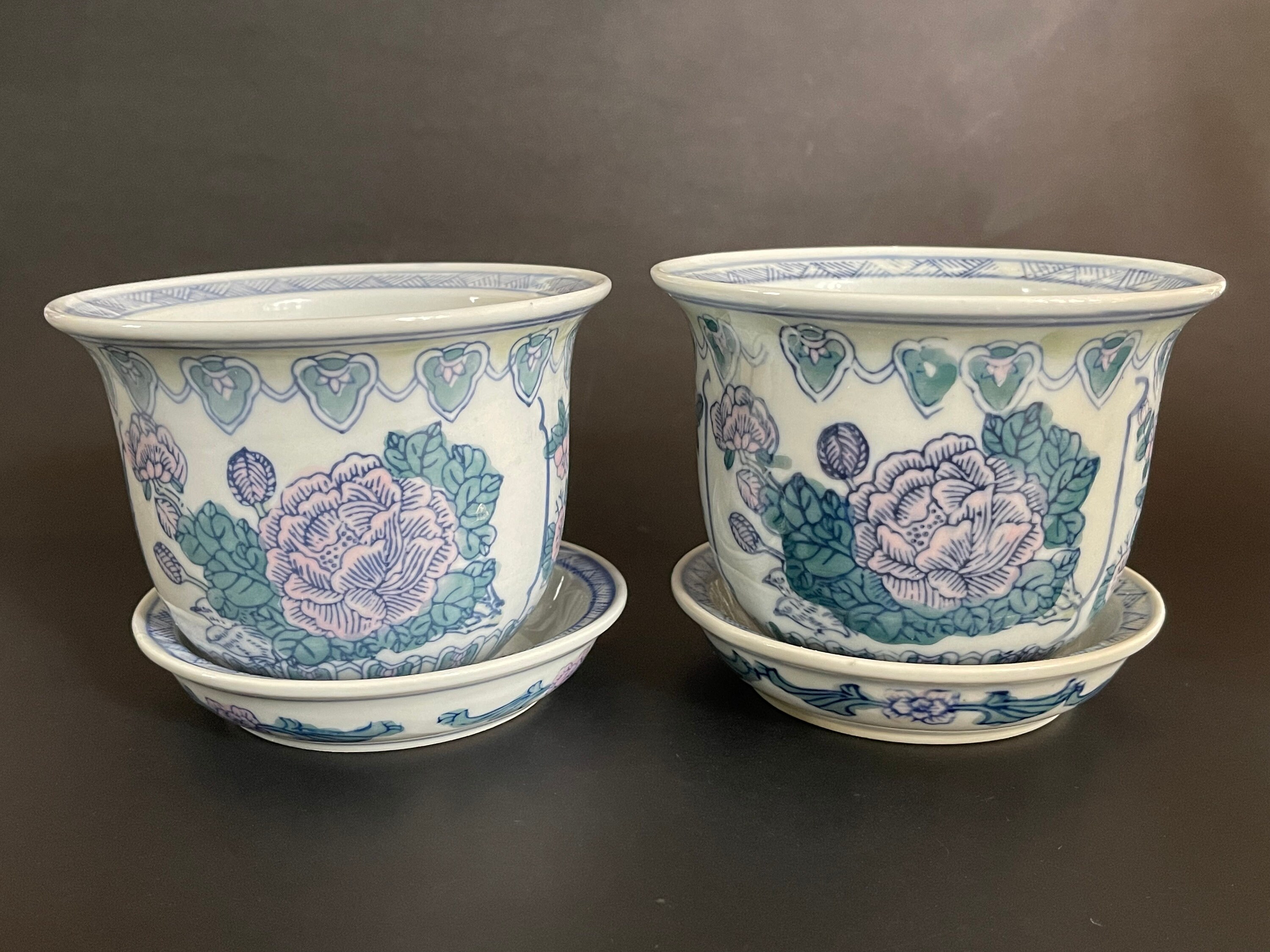 Vintage Chinese Bonsai Pots With Plates Set of 2 Antique Etsy UK