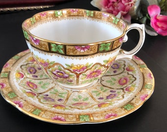 Vintage Royal Albert Tea Set, Crown China, Court Pattern, Hand Painted, Teacup Saucer, Creamer Sugar Bowl, Hand Painted, Golden Floral, Gift