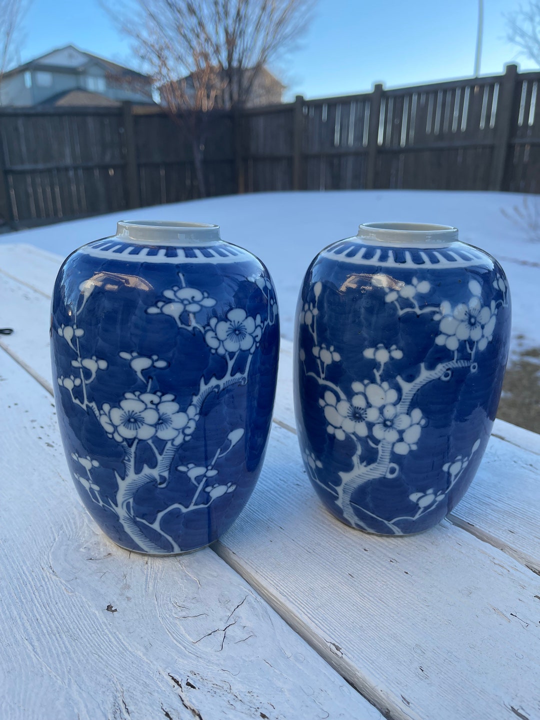 Antique Chinese Vases, Qing Dynasty, Set of 2, Blue and White Vases With Plum Pattern, Hand Made