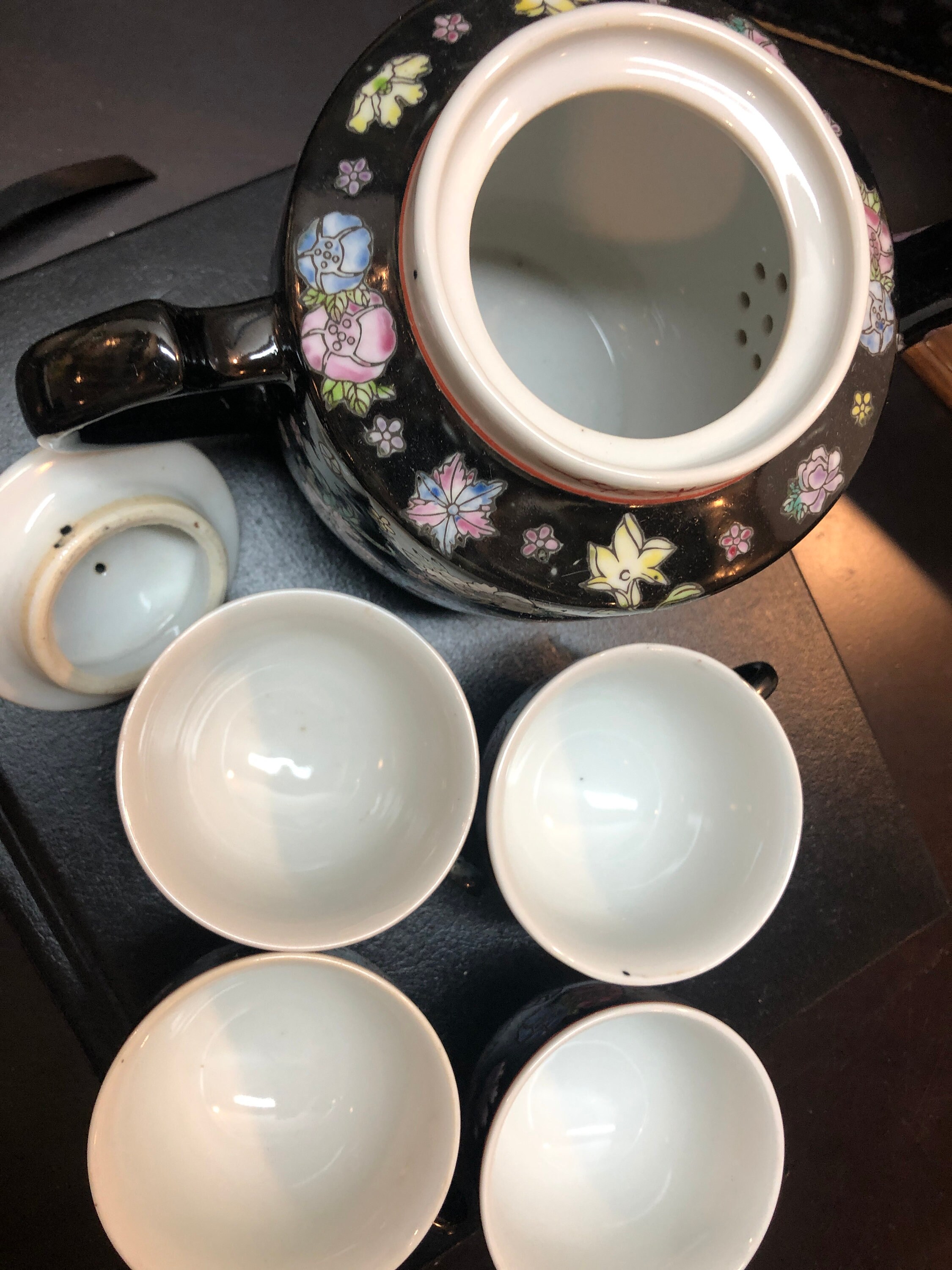 Chinese Vintage Tea Set, Black Floral, Set of 6, Hand