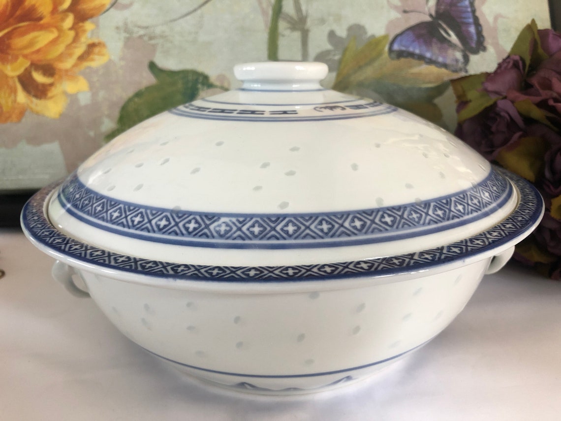 Chinese Vintage Soup Bowl With Lid Rice Grain/eye Blue and Etsy