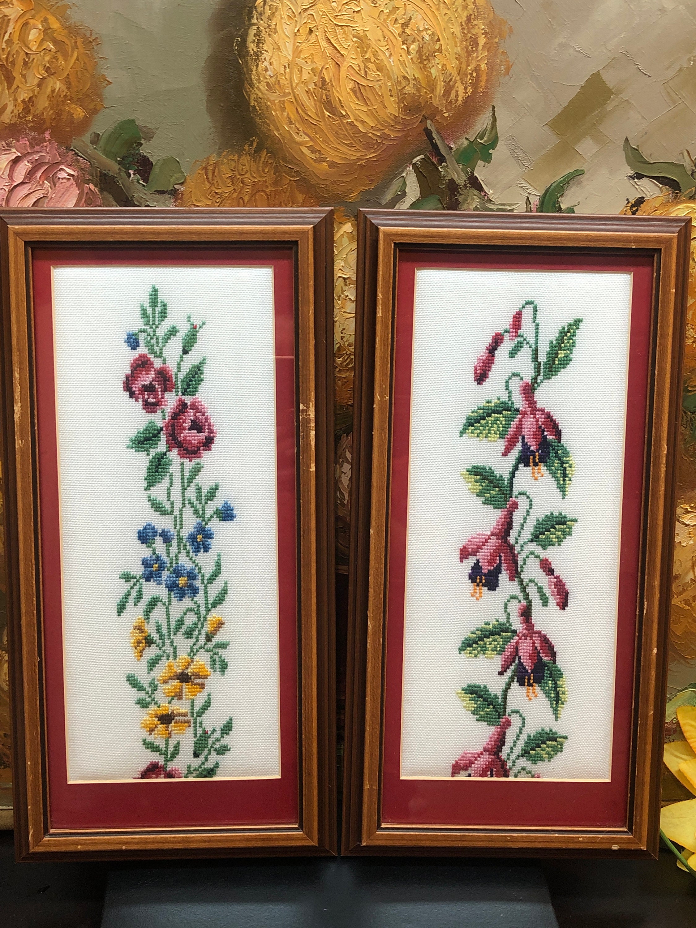 Vintage Floral Embroidery Art, Framed Needlepoint, Set of 2 - Etsy