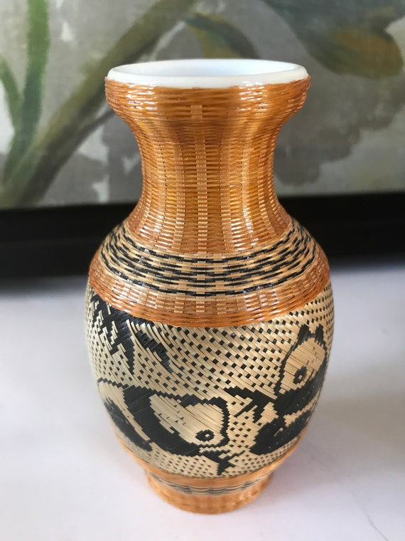 Chinese Vintage Vase, Ceramic Vase With Bamboo Basket