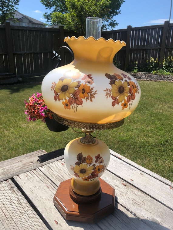 Vintage Floral Milk Glass Table Lamp, Wood Base, 28