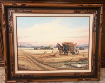 Vintage Large Wooden Framed Oil Painting, Jerry Doell, Famous Canadian Artist, Hand Painting, Artist Signed, Farm Scenery 1988, Wall Decor