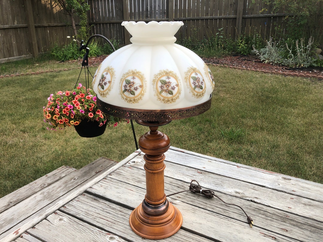 Vintage Floral Milk Glass Lamp, Wood Base Hurricane Table Lamp