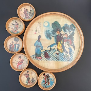 Vintage set of Chinese tray and six coasters, Bamboo and glass bar set, Chinese ladies or goddesses, Tableware, Gift