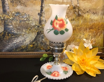 Vintage Floral Milk Glass Lamp, Hand Painted Hurricane Lamp, Farmhouse Decor