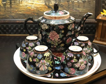 Vintage Chinese Tea Set, Black Floral, Jingdezhen Teapot, Teacups and Tray