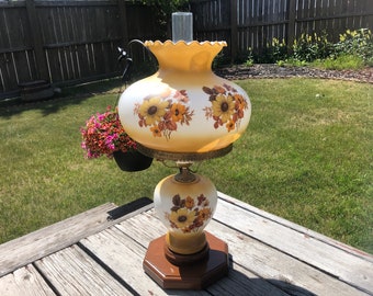 Vintage Milk Glass Lamp, Large Floral Milkglss Lamp, Wood Base Mid Century Table Lamp, Hurricane Lamp, Farmhouse Decor, Gift