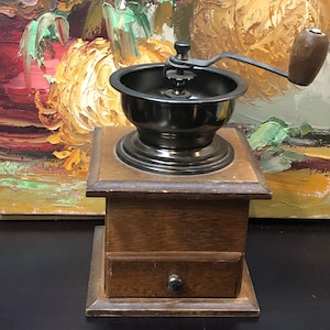 Vintage Wooden Coffee Grinder with Metal Top, Manual Coffee Grinder, Home Decor, Gift