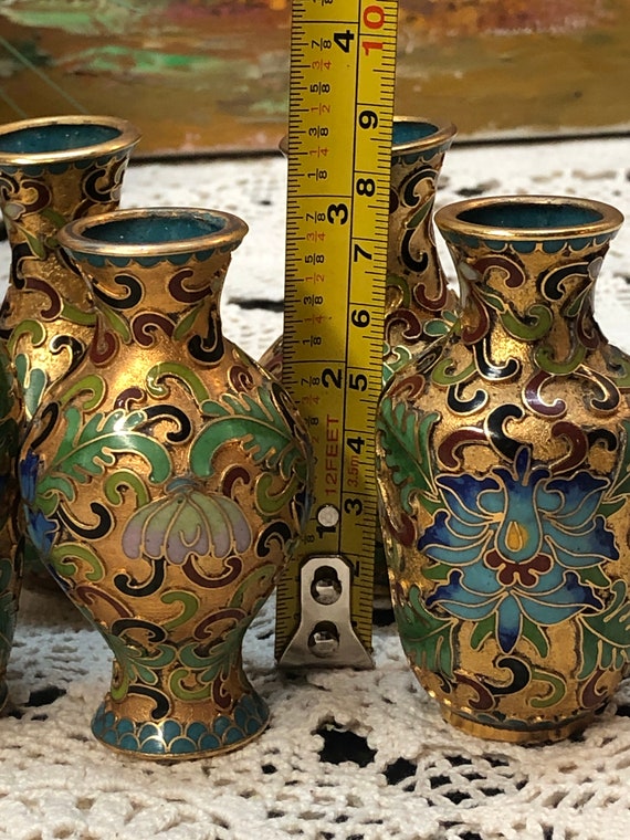 Miniature Vintage Chinese Cloisonne Vases, Brass Floral Set of 5