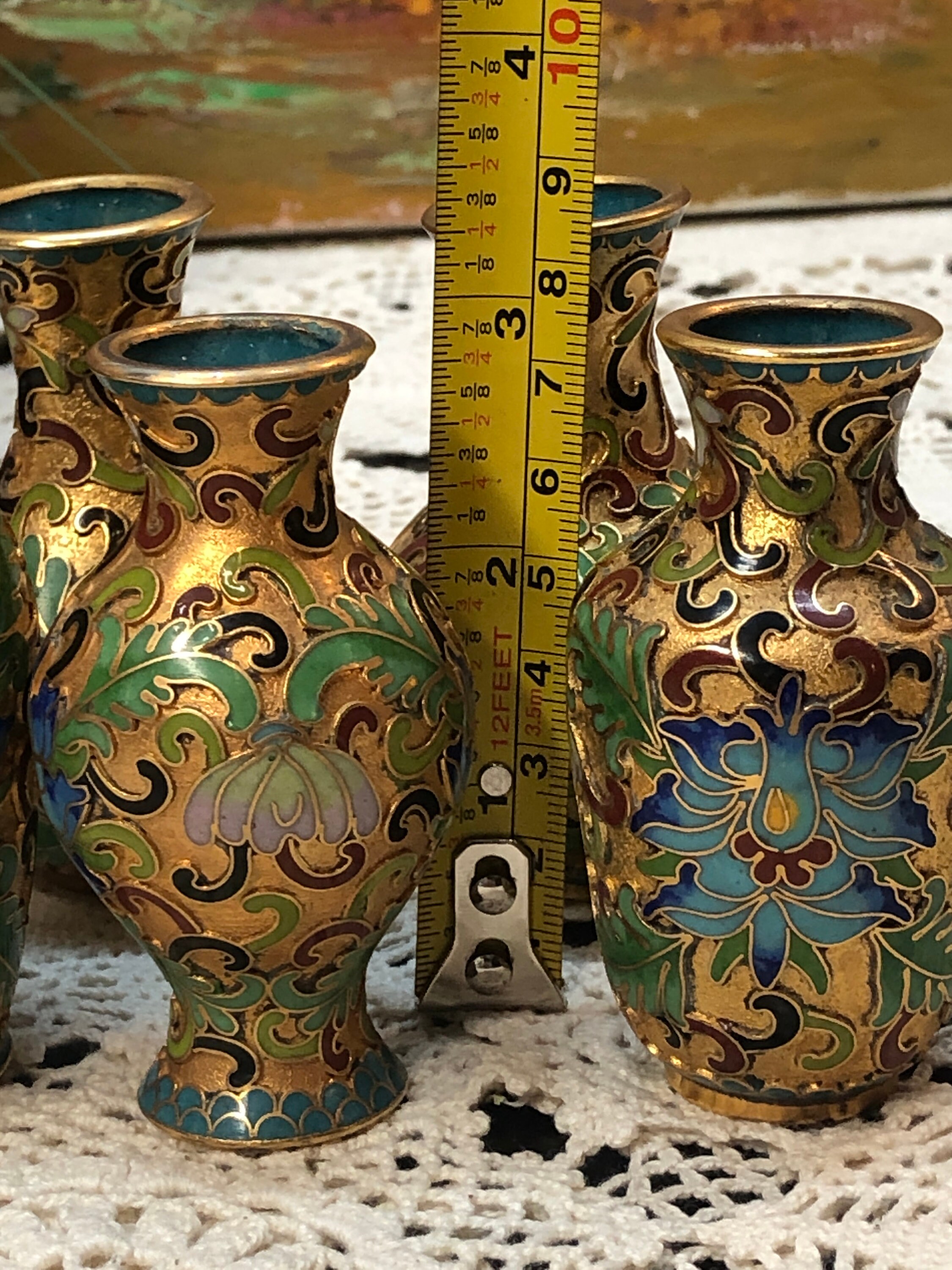 Miniature Vintage Chinese Cloisonne Vases, Brass Floral Set of 5