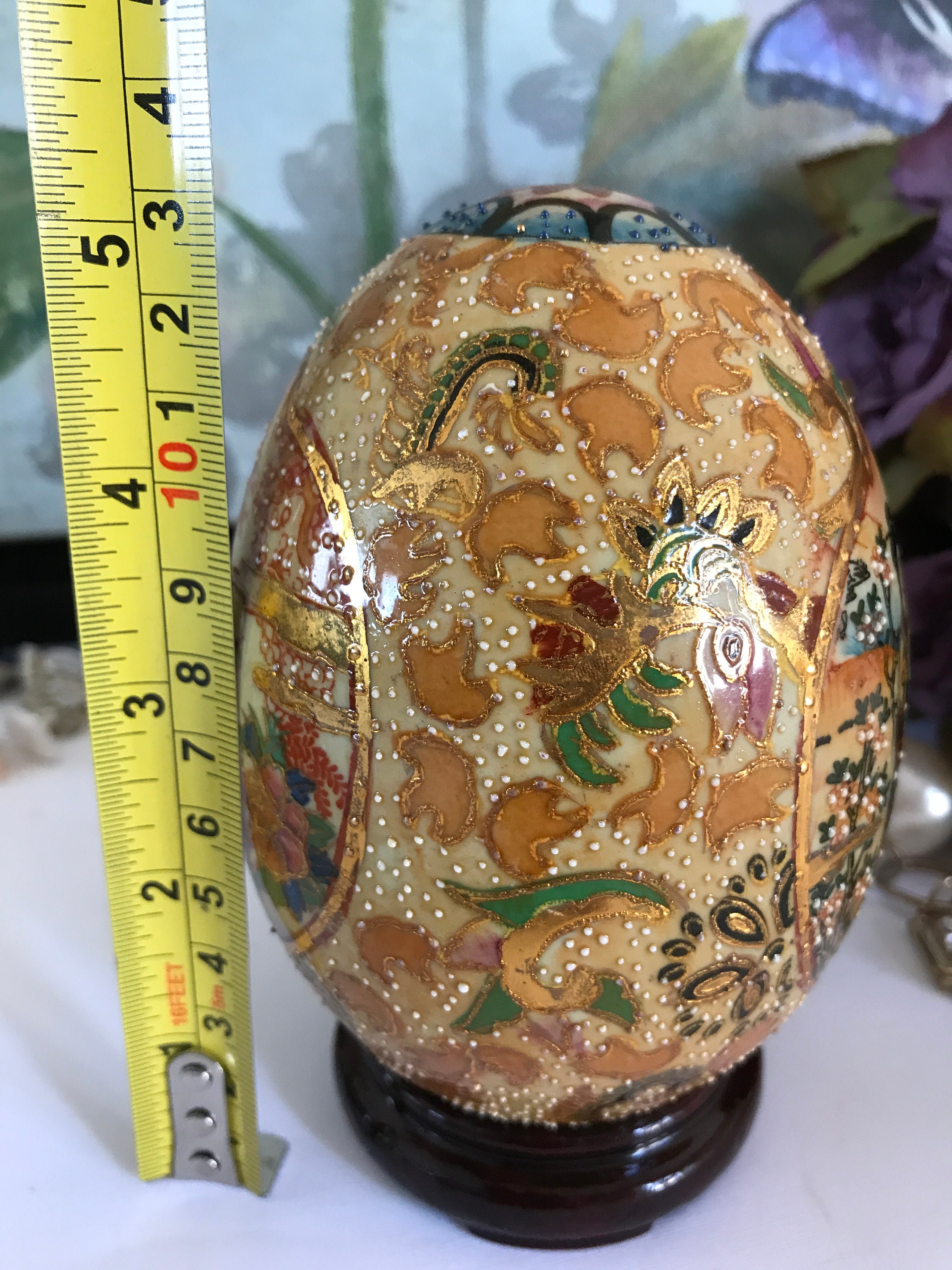 Chinese Vintage Satsuma Egg on Base Hand Painted Ceramic Art Etsy