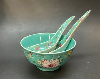 Antique Chinese Ceramic Bowl & Spoons, Set of 3, Porcelain Famille Rose Asian Floral, Late Qing/Republic/Minguo, Hand Painted, Home Decor