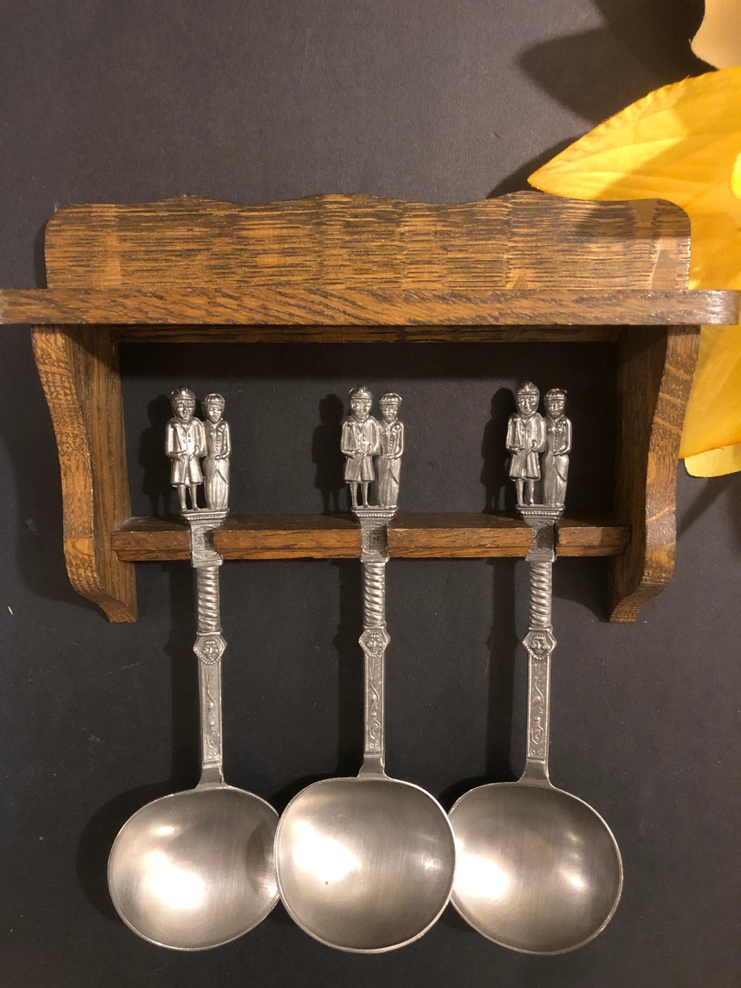 Vintage Pewter Souvenir Spoons, Solid Wood Spoon Rack With 3 Spoons