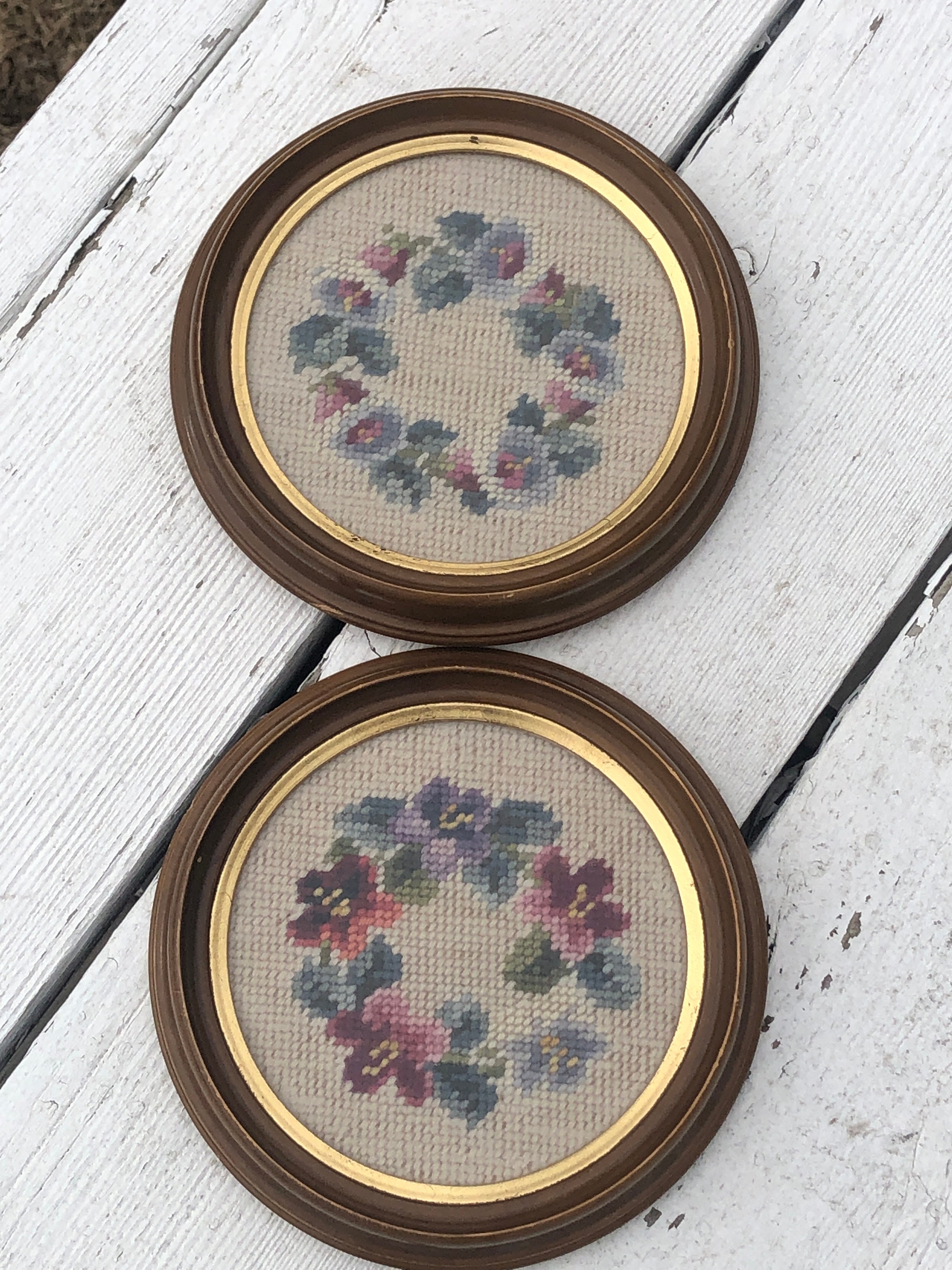 Vintage Framed Floral Embroidery, Hand Sewn Needlepoint, Set of 2