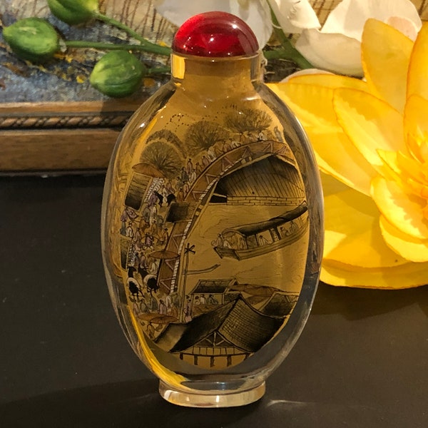 Chinese Vintage Asian River Scene Reverse Painted Snuff Bottle, Handmade Glass Snuff Bottle With Inner Painting, Home Decor, Gift