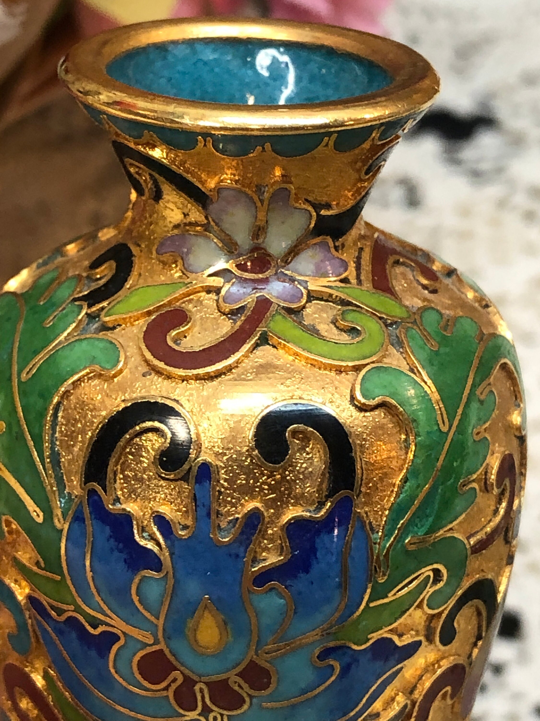 Miniature Vintage Chinese Cloisonne Vases, Brass Floral Set of 5