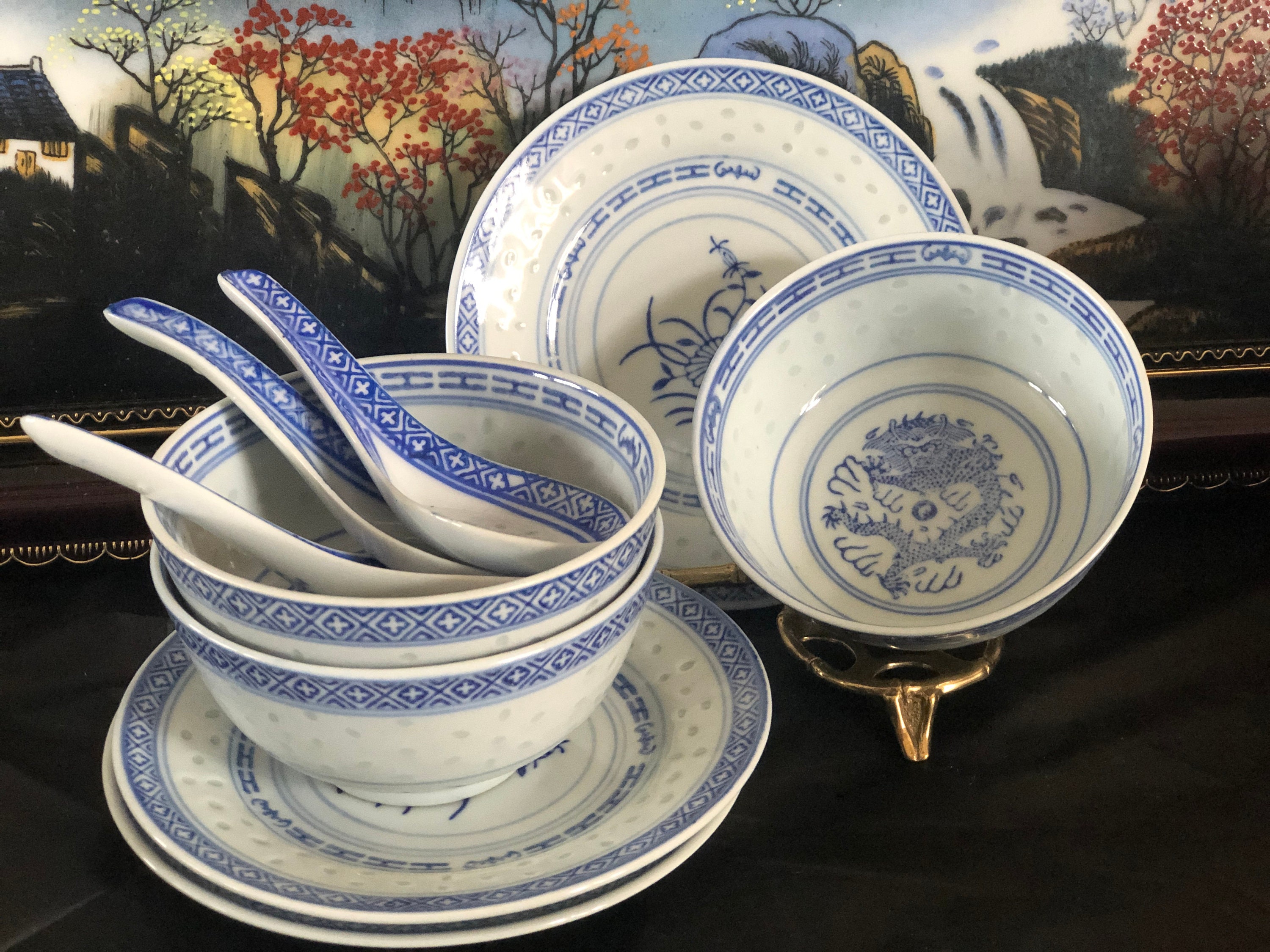 Chinese Vintage Rice Bowls Spoons and Plates with Flower and Etsy