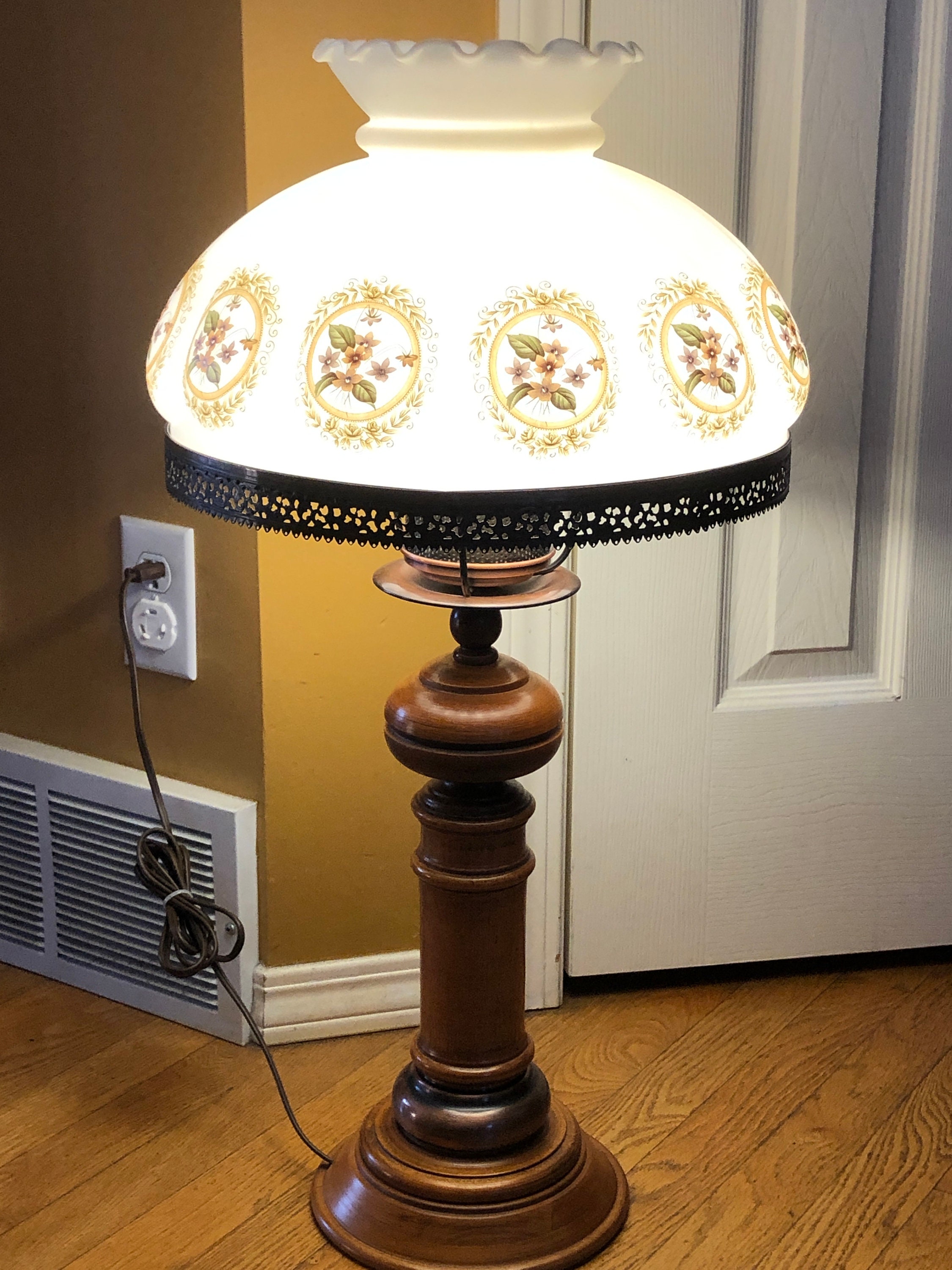Vintage Floral Milk Glass Lamp, Wood Base Hurricane Table Lamp