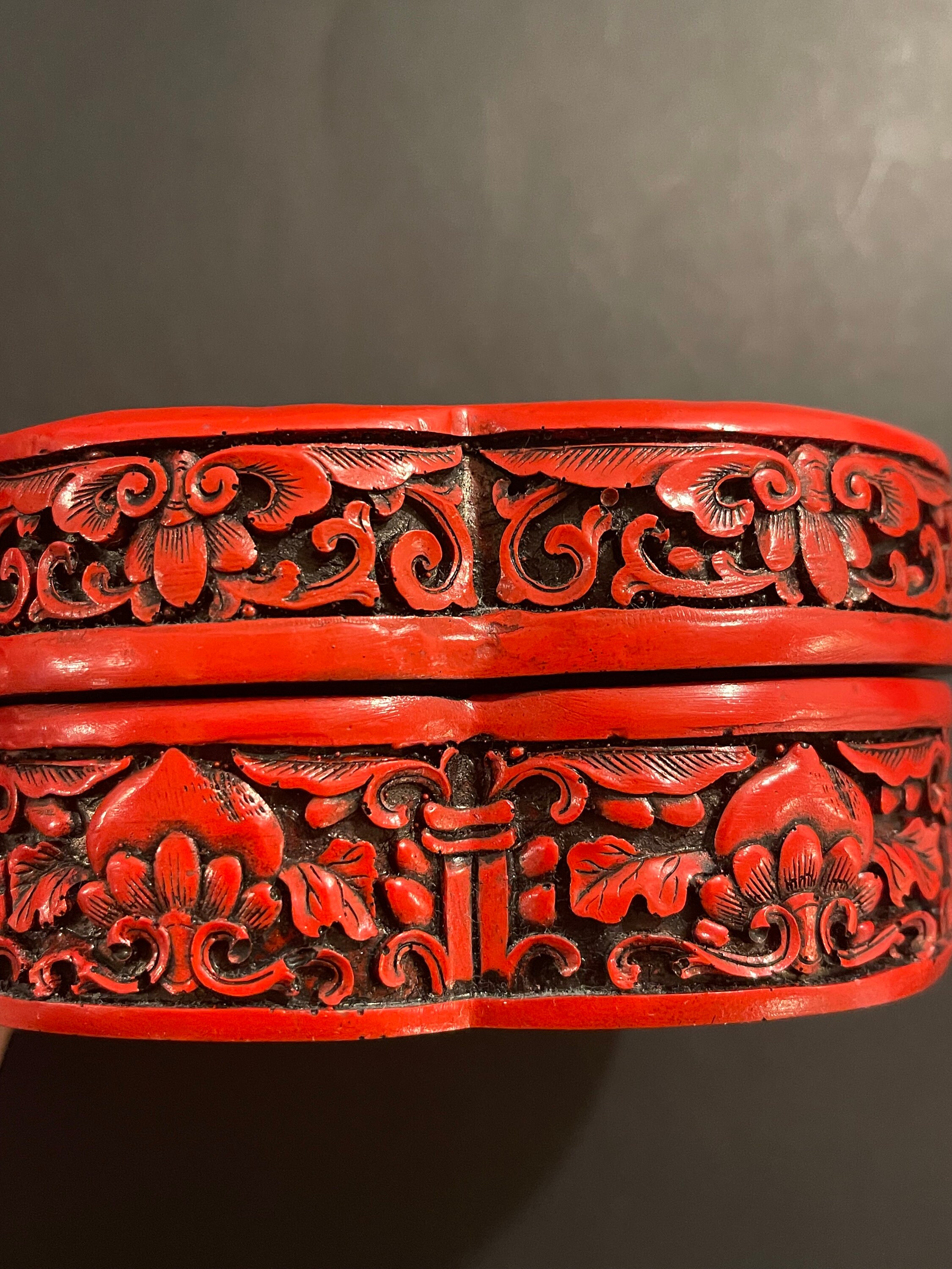 Vintage Chinese Cinnabar Lacquer Jewelry Box, Hand Carved Floral