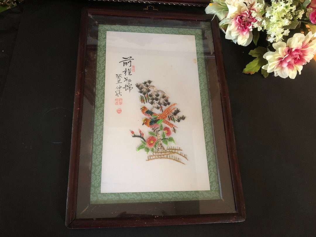 Vintage Framed Chinese Shell Art, Mother-of-pearl Bird Floral Picture ...