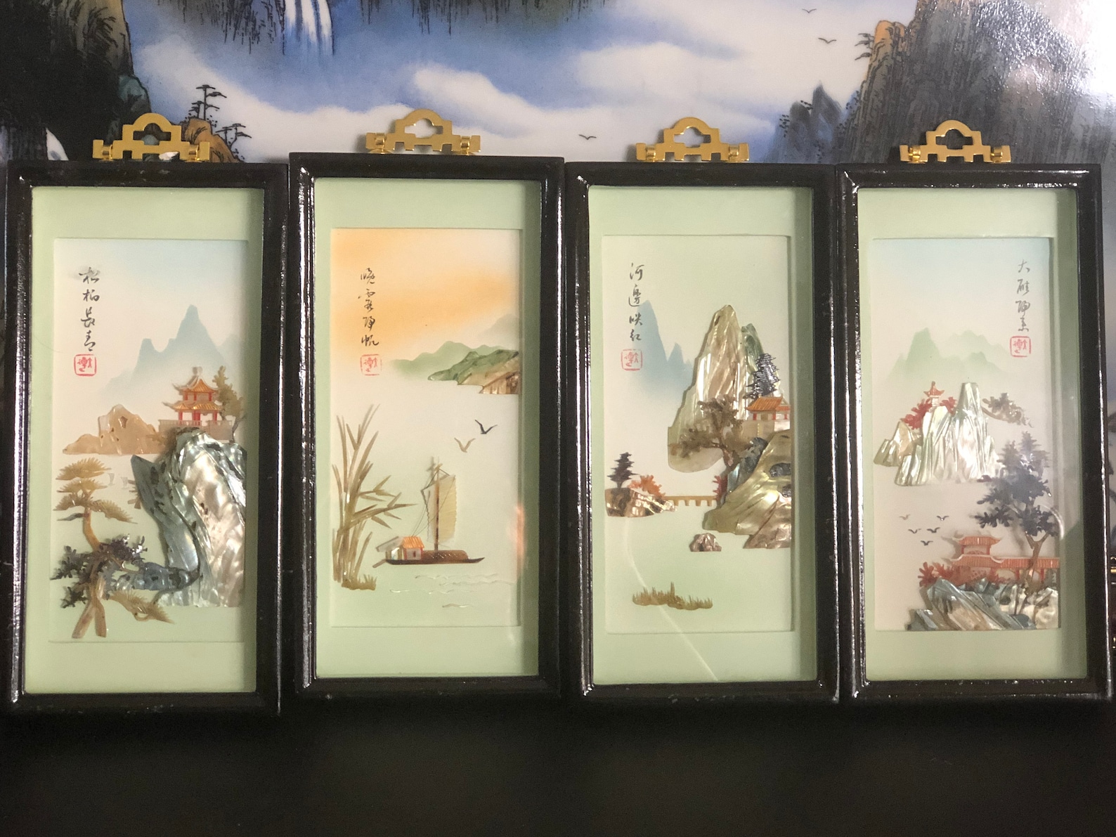 Vintage Chinese Framed Shell Art Set of 4 Sculpted Etsy