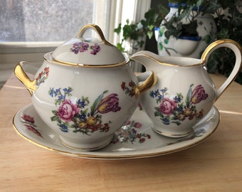 Vintage Limoges France MF Creamer Sugar Bowl Plate / Tray, Tea Party, Ceramic Tea Set, Floral Cup, Gold Trim, Gift, Home Decor