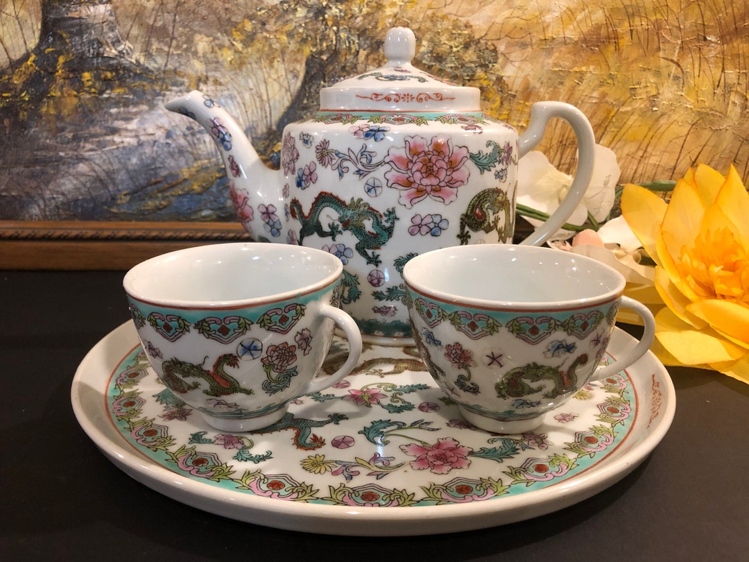 Chinese Vintage Tea Set, Dragons, Set of 4, Hand Painted Teapot, Teacups and Tray, Hand Made