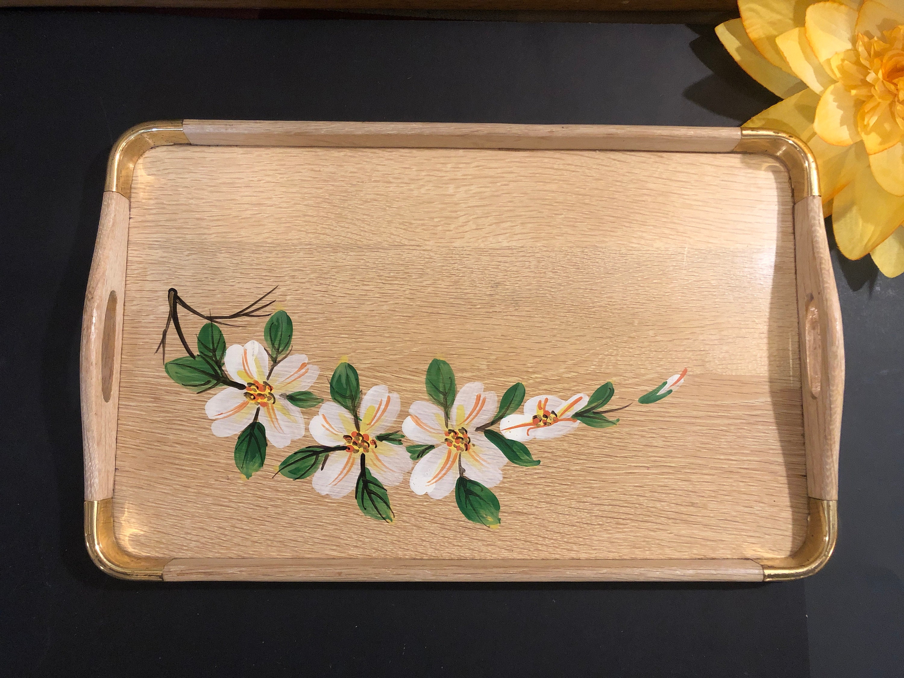 Vintage Large Wood Tray With Handles, Oil Painting White Dogwood, Hand Painted  Wooden Serving Tray, Home Decor 