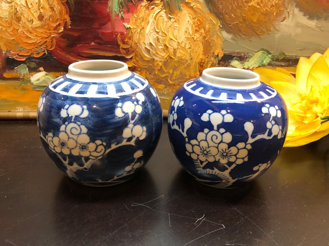 Vintage Chinese Vases, Set of 2, Blue and White Vases With Plum Pattern