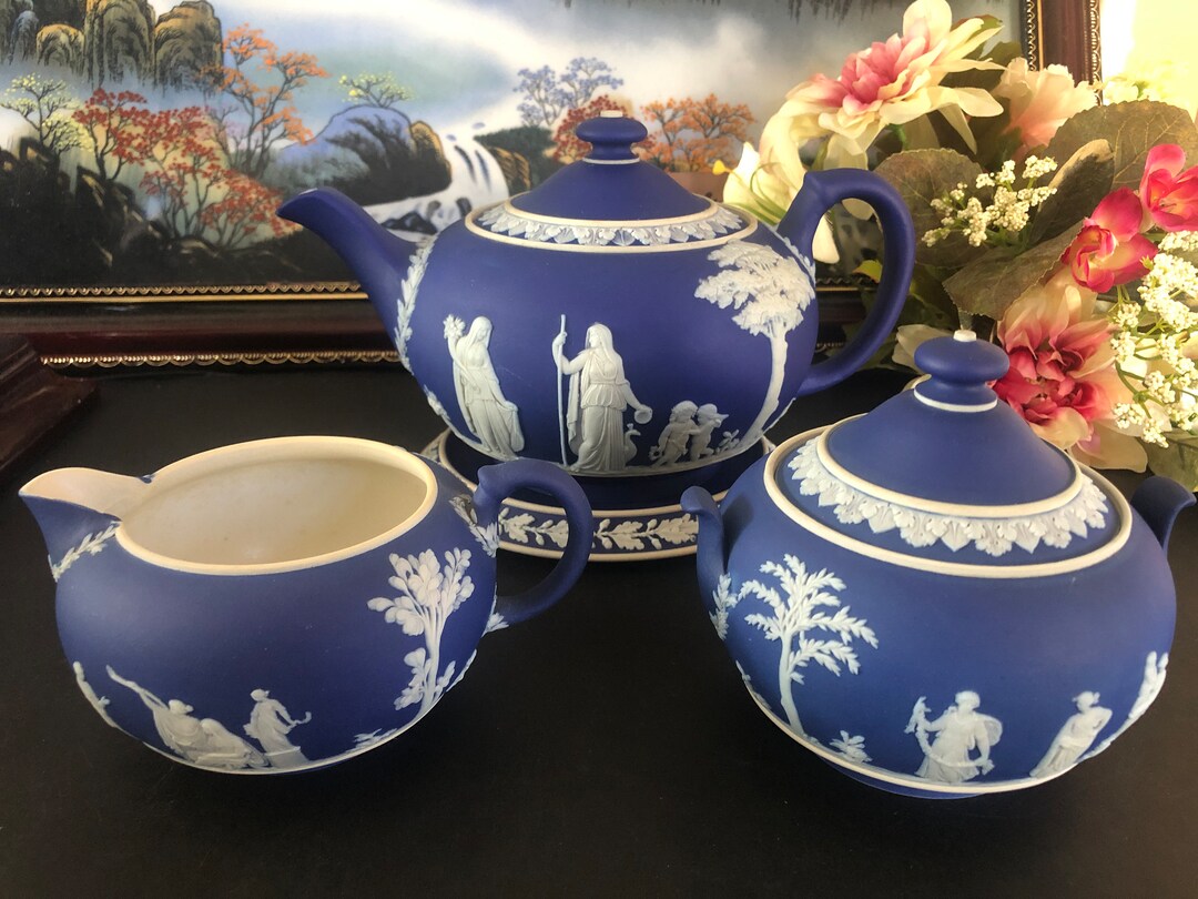 Antique Wedgwood Cobalt Blue Jasperware Tea Set, Teapot Tray Creamer