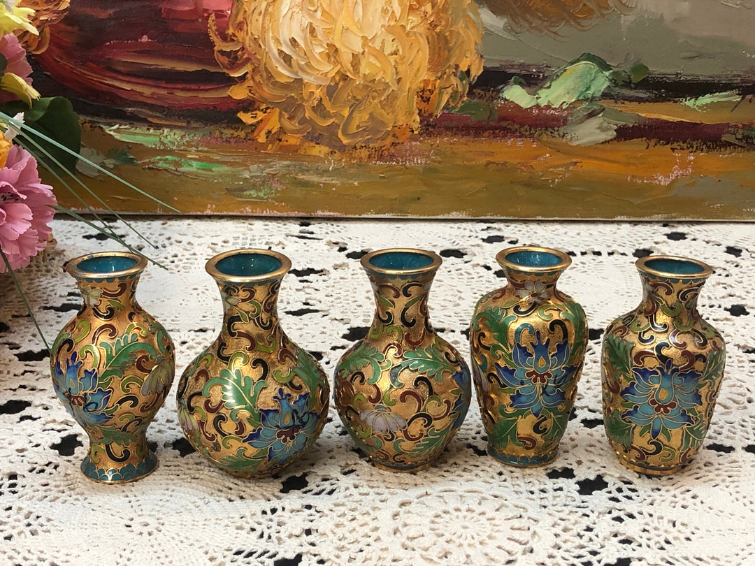 Miniature Vintage Chinese Cloisonne Vases, Brass Floral Set of 5