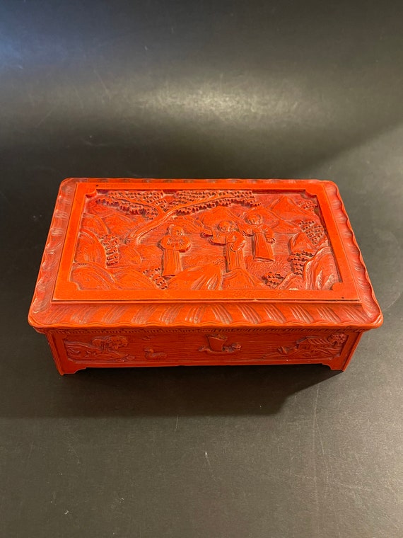 Vintage Chinese Red Cinnabar Lacquer Box, Hand Mad