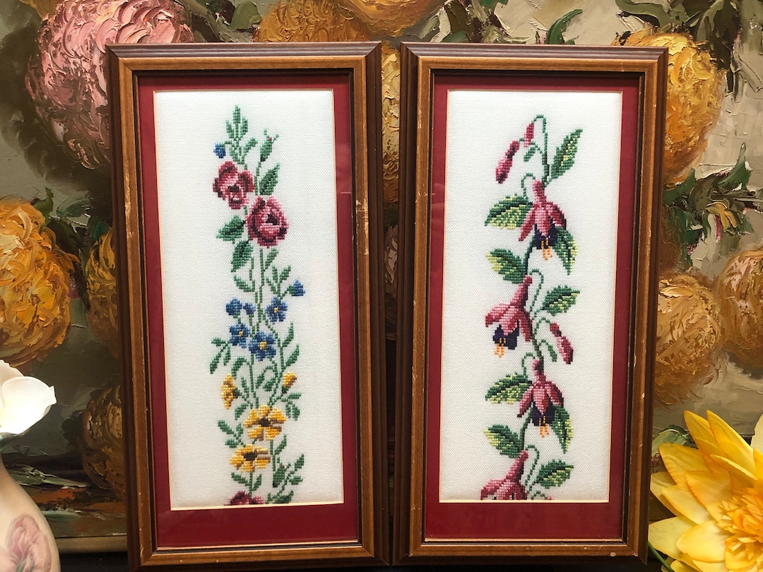 Vintage Framed Embroidery, Hand Sewing Floral Embroidery Painting, Set ...