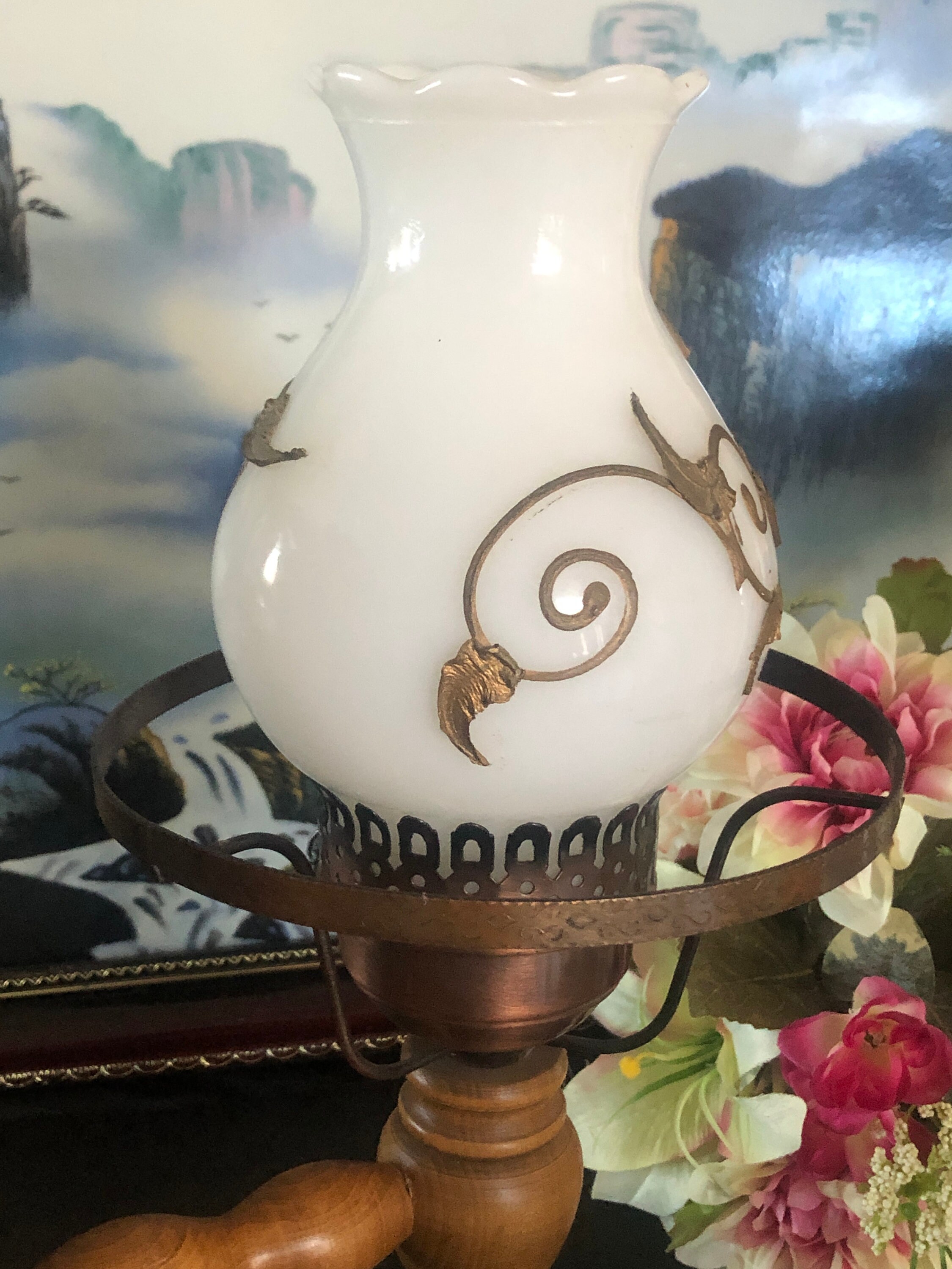 Vintage Milk Glass Wall Light Brass Floral Milkglss Lamp Mid | Etsy