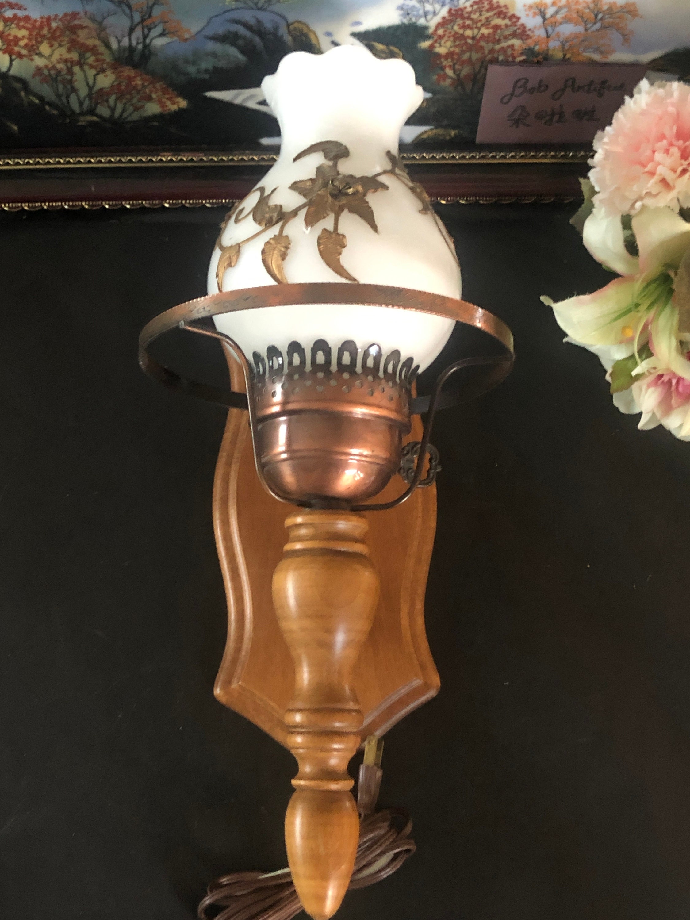 Vintage Milk Glass Wall Light Brass Floral Milkglss Lamp Mid | Etsy