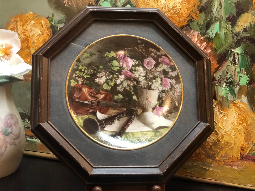 Vintage Porcelain Collector Wall Plate, Wood Frame & Glass Cover