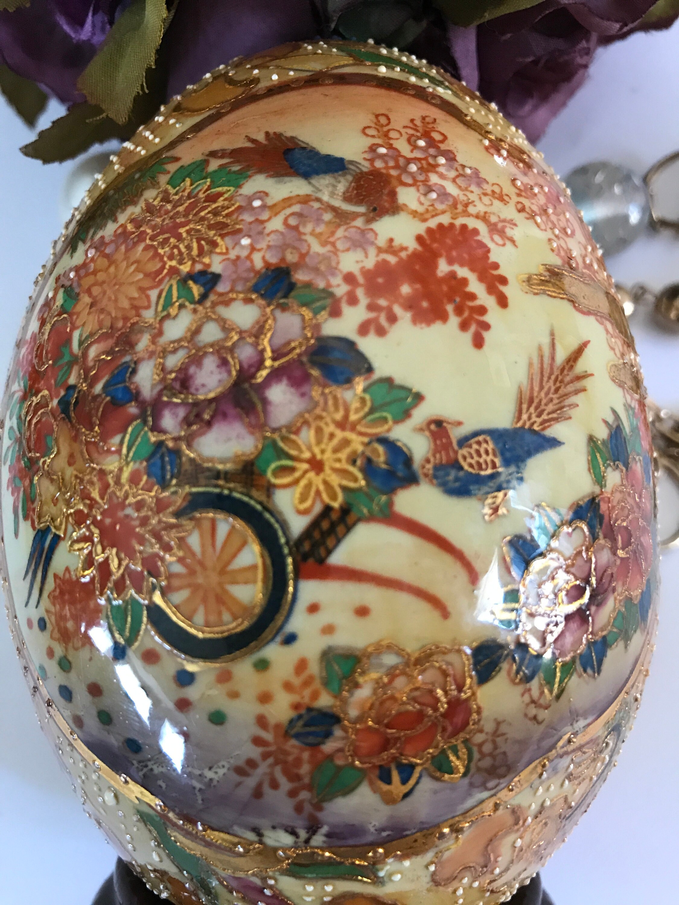 Chinese Vintage Satsuma Egg on Base Hand Painted Ceramic Art Etsy